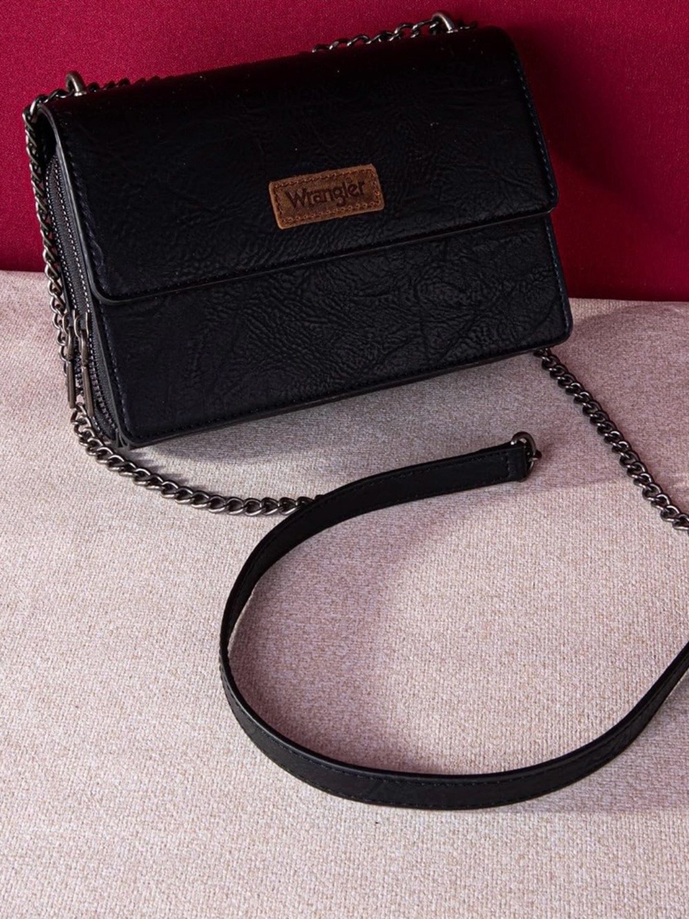 Wrangler Black Crossbody with Chain Strap and Brown Logo Patch